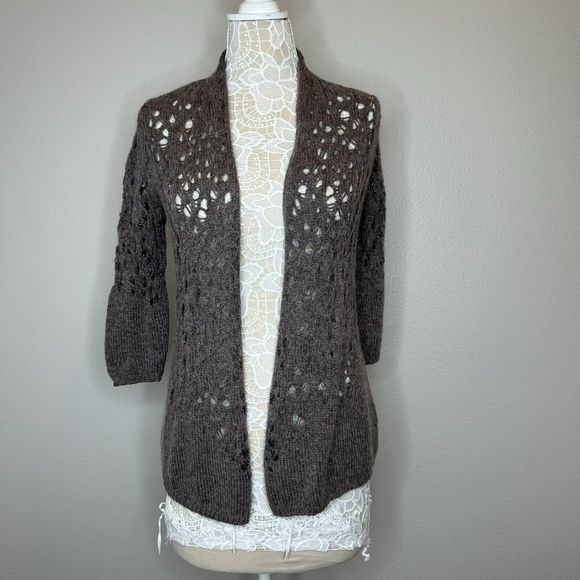 Eileen Fisher Open Knit Open Front Cardigan Sweater Mohair‎ Wool Brown Taupe XS - Picture 1 of 12